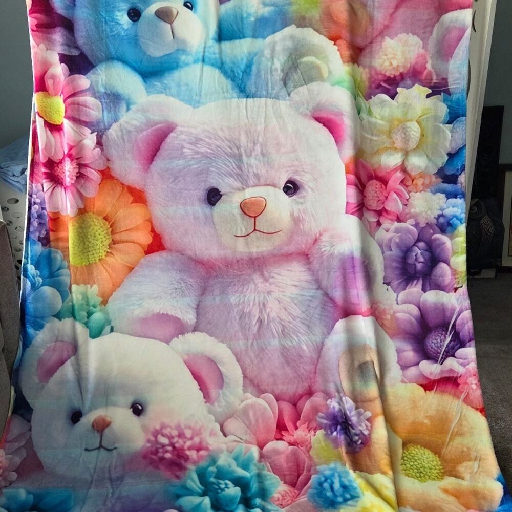 Teddy Bear Floral Plush Blanket 60x80 Pink Blue Flowers Soft Cozy Throw NWOT
